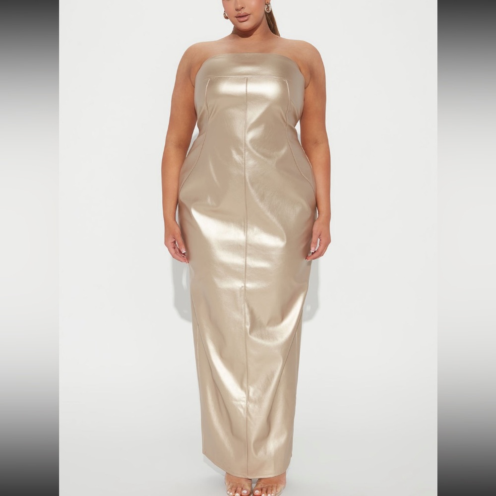 Chic Faux Leather Maxi Dress- Gold